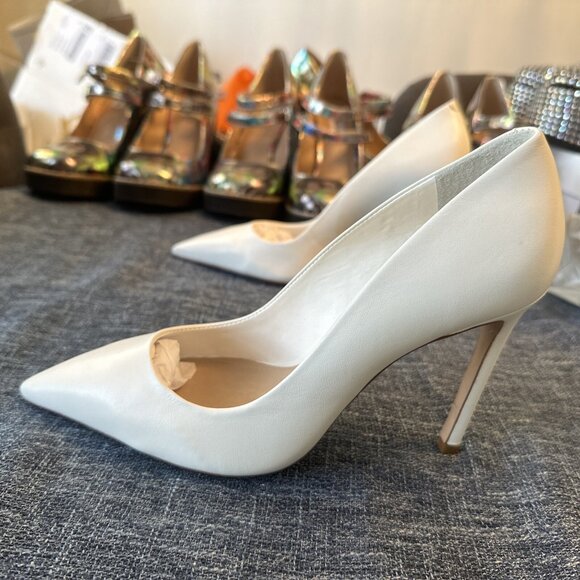 Schutz Lou Pointed Toe Pumps White Leather Heels - Picture 3 of 16